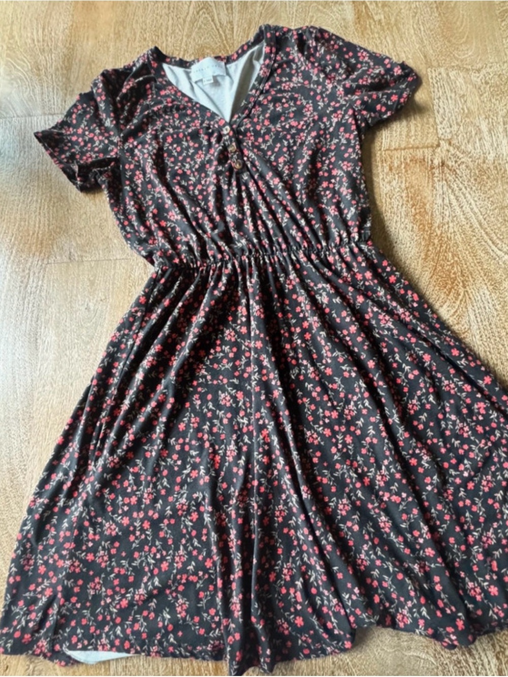 French Grey Black Dress with Red Floral Print